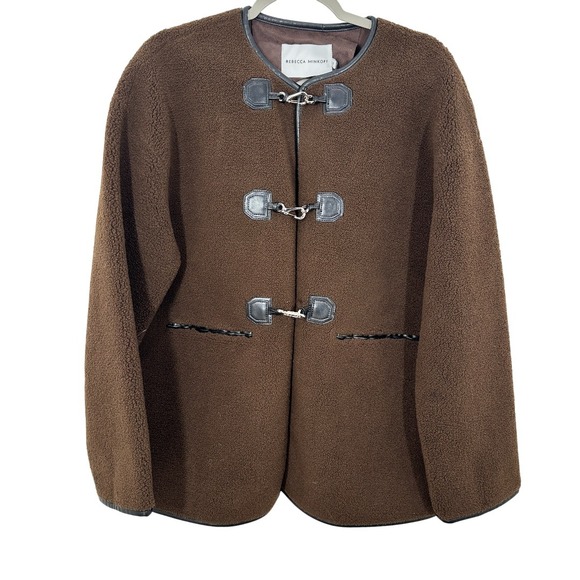 Rebecca Minkoff Shearling Toggle Jacket Brown Faux Suede Trim Quiet Luxury NWT - Picture 2 of 12